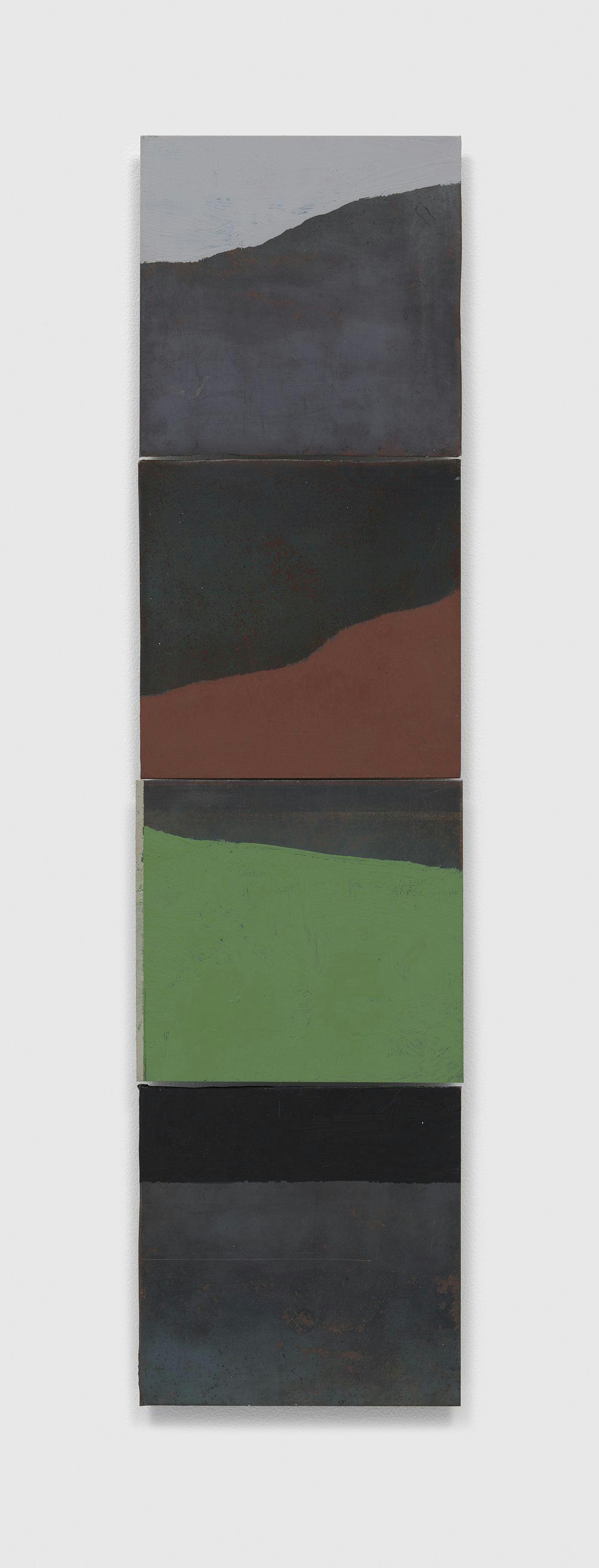 An untitled 4-part painting on steel by Merrill Wagner, dated 2009.